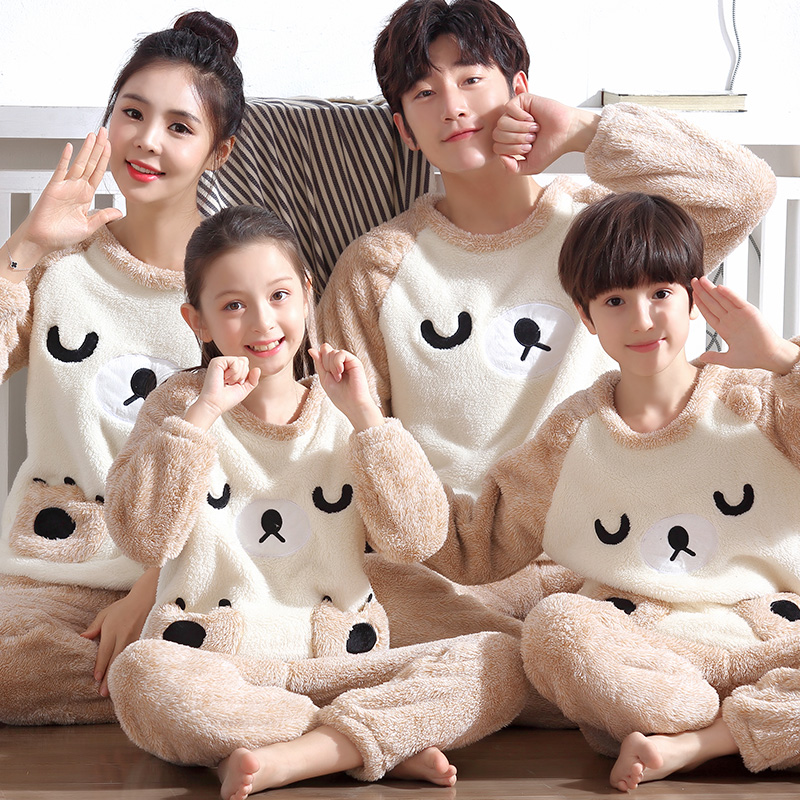 Parenting Pyjamas Winter Coral Fleece Plus Suede Thickening Mother Woman Family of three Flannel Suede Autumn Winter home Suits Suit