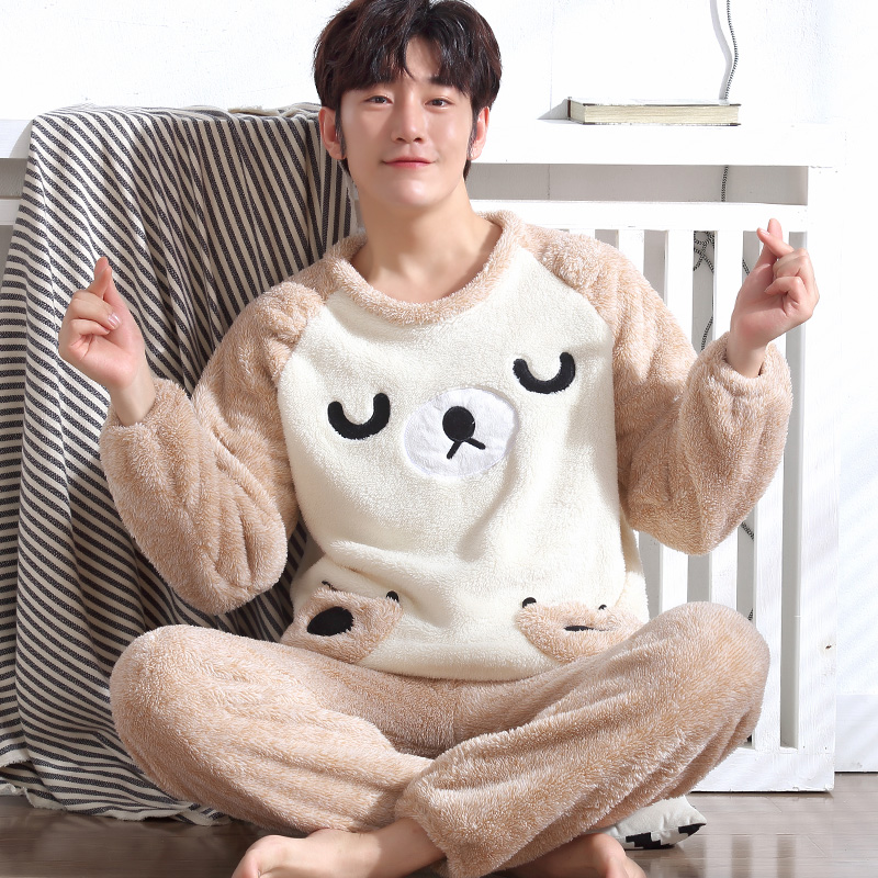 Sleepwear Men's Winter Coral Suede Thickened Garnter Warm Teens Students Autumn Winter Money Flannel Suede Home Suit Suit