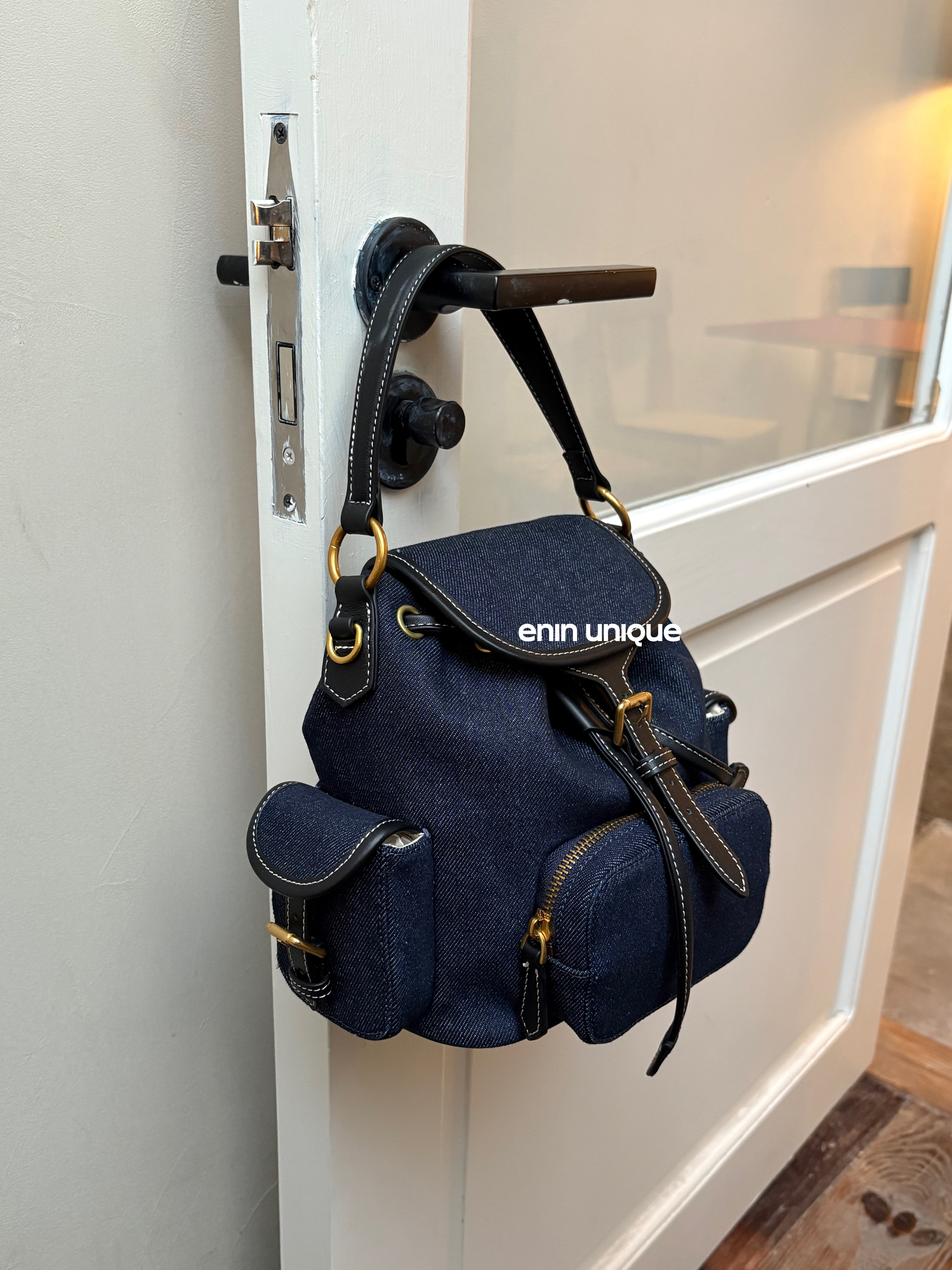 EDIN Unique Designer Cowhide Spliced Denim Backpack & Handbag Retro Preppy Style Fashion Casual Shoulder Bag - Thumbnail 2