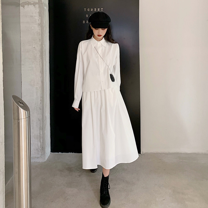 2023 Net red suit female autumn clothes new Han edition loose shirt with high waist half body dress fashion two sets