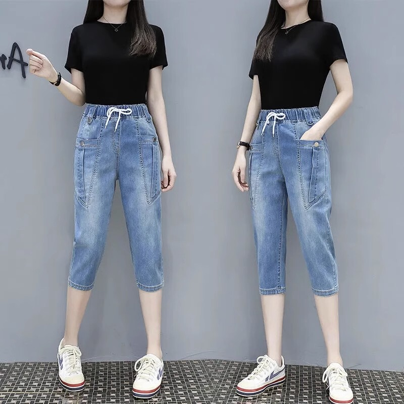 Plus-Size Women's Denim Capri Pants 2026 Summer Thin Elastic Waist Harem Pants Loose Slimming Mid-Length Pants 100kg