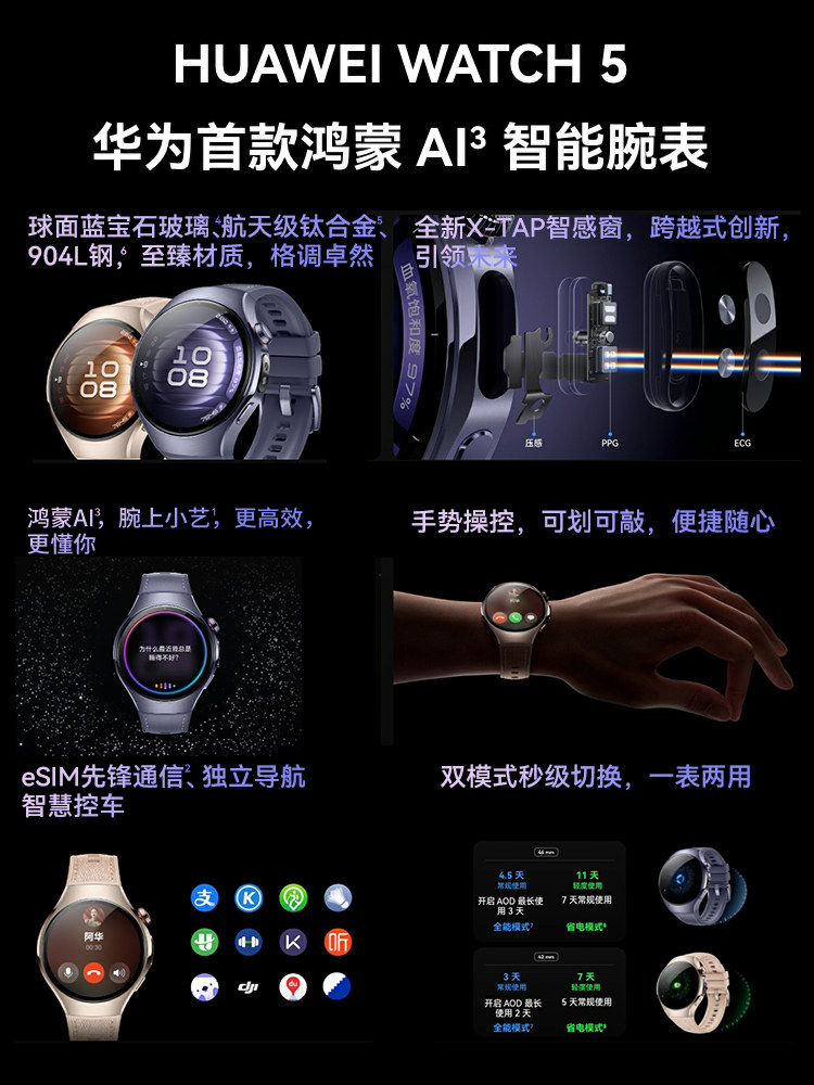 [New Product Launch]Huawei Watch Watch 5 Smart Sports Watch New Model Watch 5Pro Fingertip Blood Oxygen Esim Independent Calling Long Battery Life Blood Glucose Assessment 2025 Flagship Genuine Product