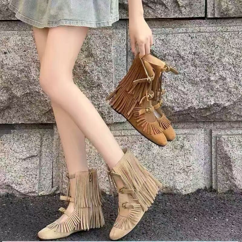 5cm and 7cm Heel Height ~ Genuine Leather Tassel Sandals Women's Western Boots Square Toe Height-Increasing Fashion Boots 1778