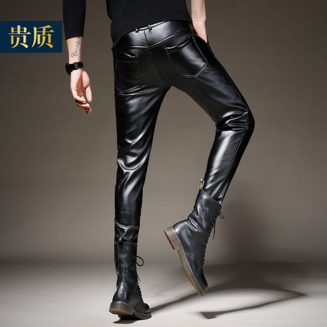 2020 New Leather Pants Men's Slim Fit Plus Velvet Thickened Motorcycle Leather Pants Motorcycle Leather Pants Men's Tight Small Foot Style Korean Autumn