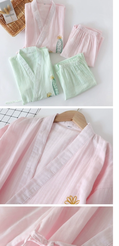 Mùa xuân và mùa thu phụ nữ pyjama cotton gạc quần tây dài tay kimono Nhật Bản bộ đồ phục vụ tại nhà bộ đồ mỏng phần mới bộ đồ hai mảnh - Bộ Pajama