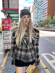 ຍ້ອມສີດຳ Miekevv British lady plaid suit women's spring double-breasted waist slimming short coat