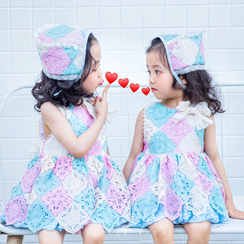 21 summer new Spanish court skirt children's treasure heavy industry three-color contrast color princess lace one-year-old skirt dress