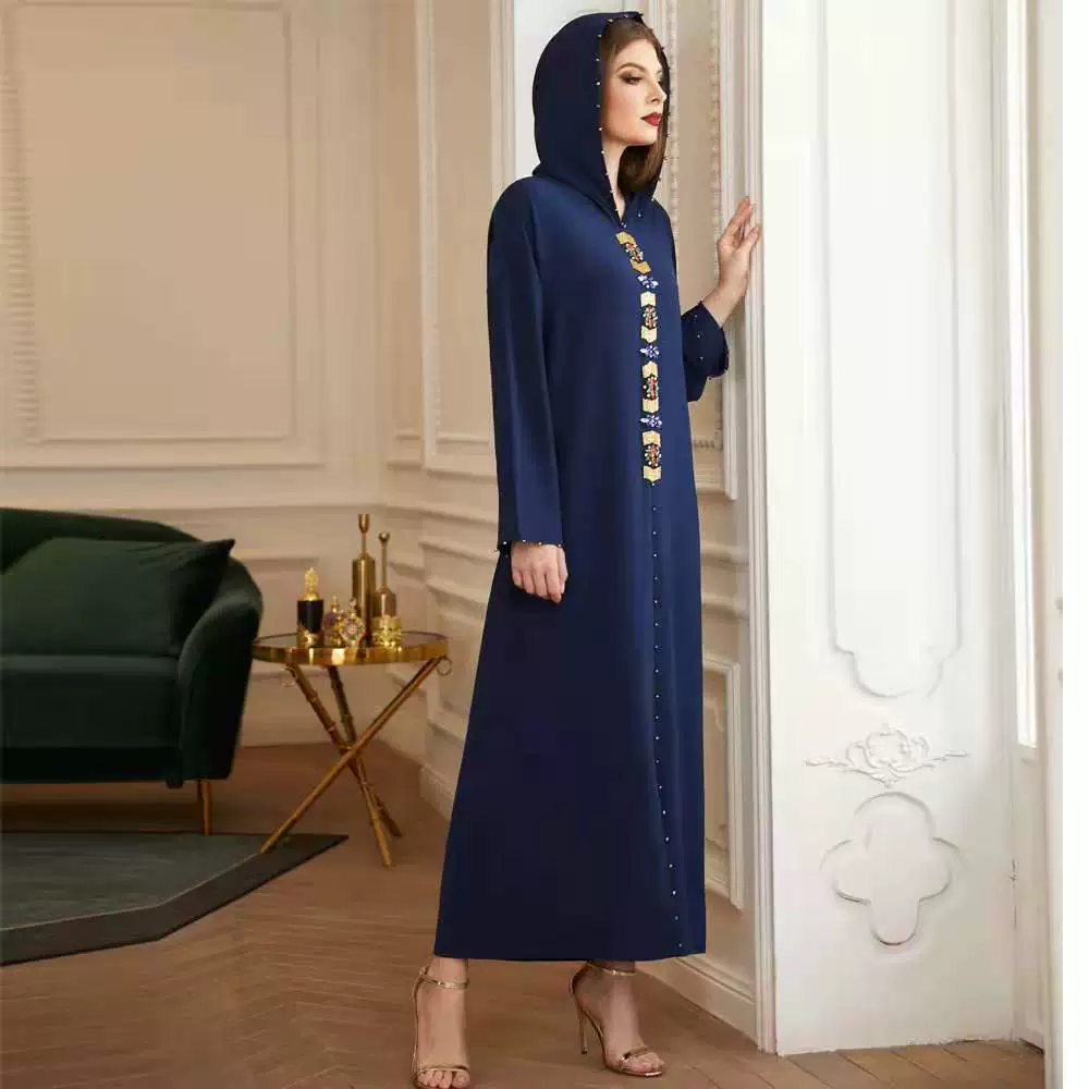 [藏蓝连帽摩洛哥风长裙缝钻轻奢长袍Abaya年会礼服女装]