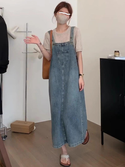 2025新款韩版百搭宽松春夏减龄盐系复古开叉牛仔背带裙女中长款