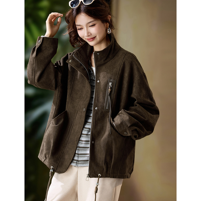 Trendy Suede Stand-Collar Jacket for Women, New Autumn Style, Elegant Top, 2026 Large Size Loose Jacket for Women