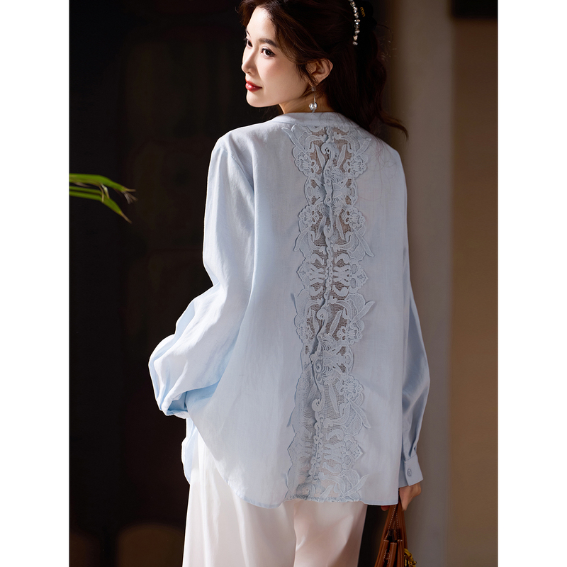 Natural Style Linen Lace Long-Sleeve Shirt for Women, European Style Plus Size Sun Protection Top, New Summer 2026 Shirt