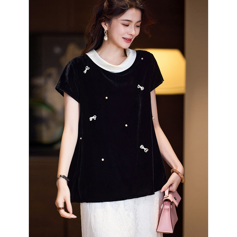 Elegant Black Velvet Beaded Shirt for Women, Summer New Style, 2026 European Fashion, Plus Size Top