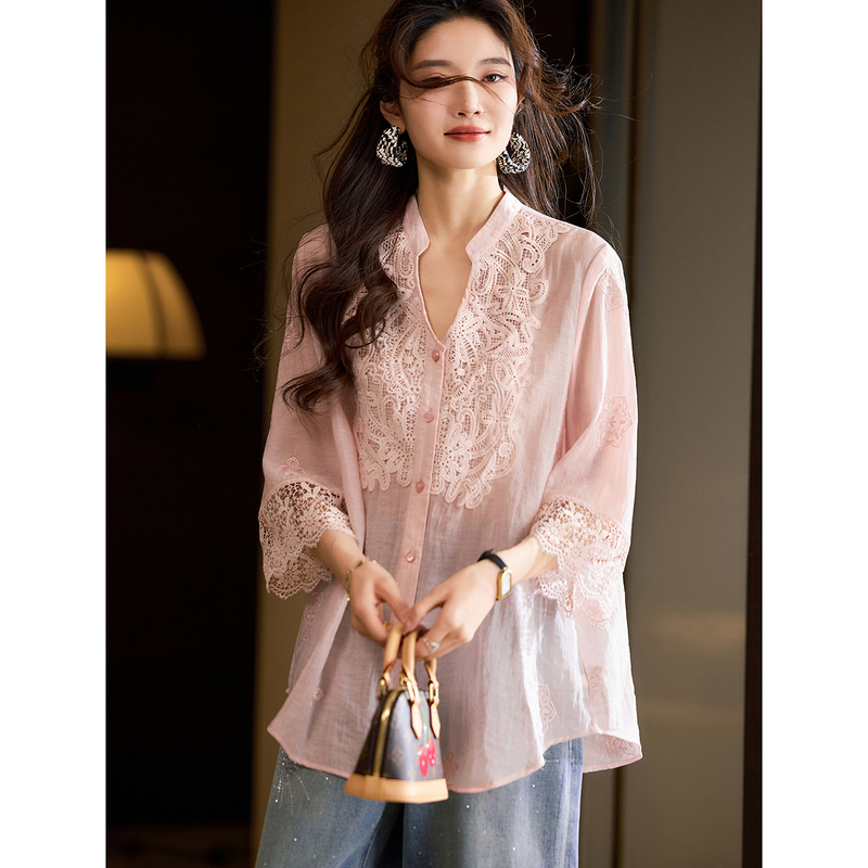 Elegant V-Neck Embroidered Lace Pink Shirt for Women, Spring Plus-Size Blouse, 2026 European New Style Shirt