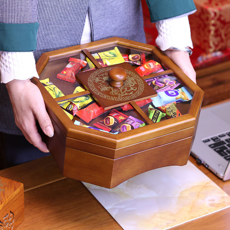 Chinese-style solid wood dried fruit plate creative modern living room candy box home nut box compartment with lid double-layer antique