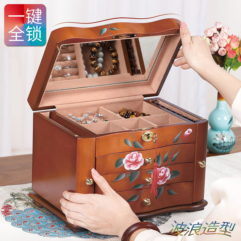 Solid wood jewellery containing box Chinese ornament box dressing case wedding with lock multilayer ins wind upscale and luxurious