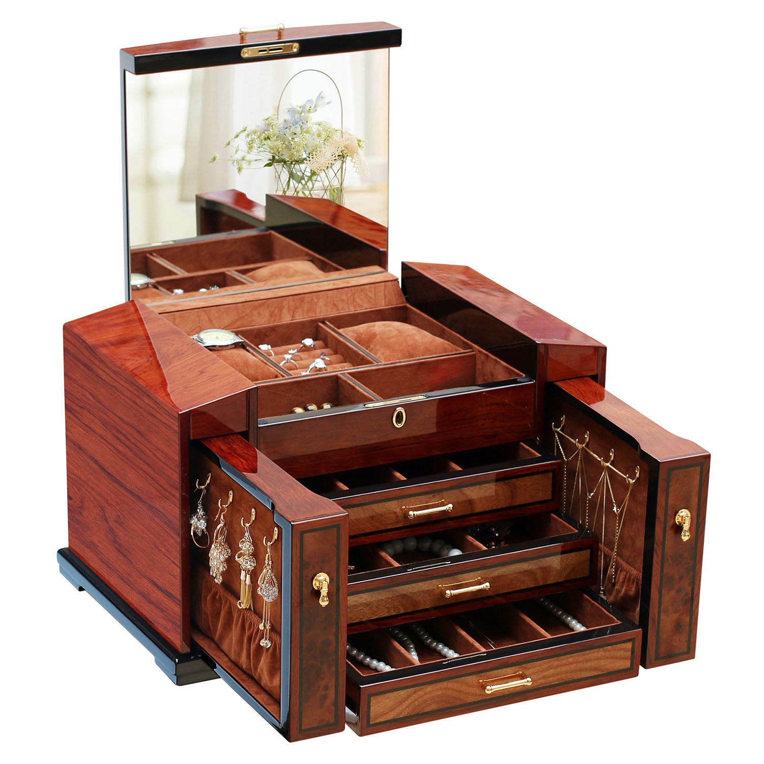 Jewelry box high-end piano baked lacquer solid wood hand ornament storage box box wooden lock flannel cloth wedding dowry jewelry