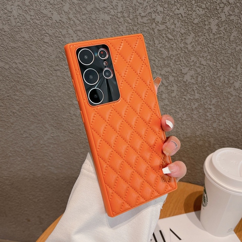 Orange — Diamond Pattern Quilted Leather Silicone TPU Puffy S23, S23 Plus, S23 Ultra Samsung Phone Case