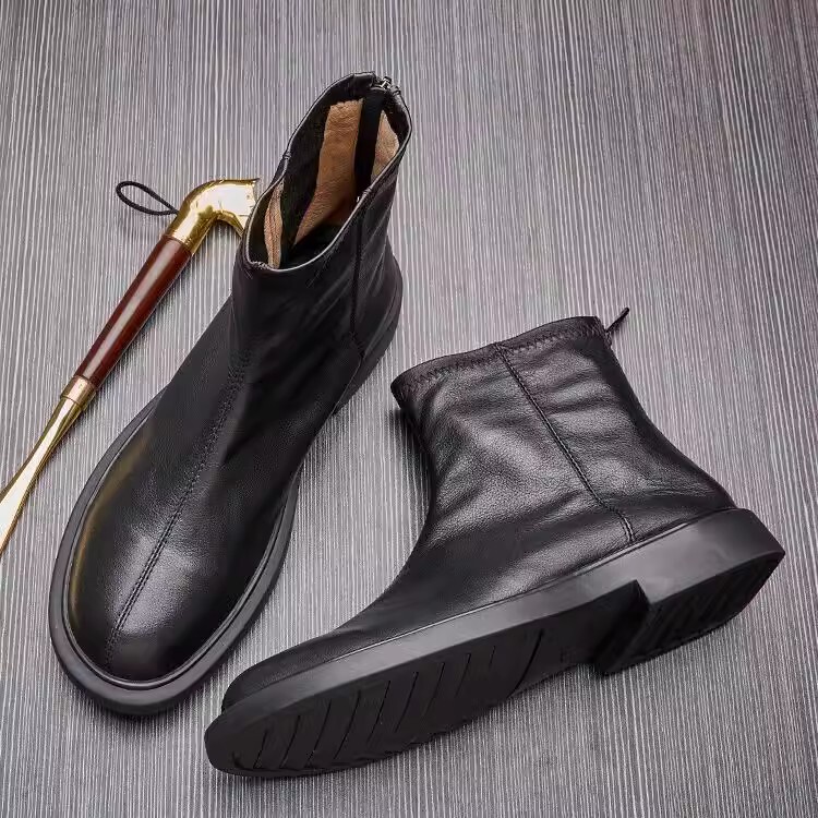 Men's Martin Boots New Style British Mid-Top Zipper Leather Boots Chelsea Short Boots Genuine Leather Soft Sole Casual Leather Boots for Men