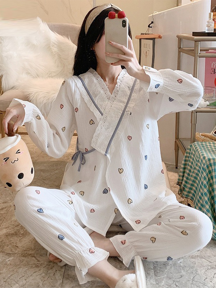 Month clothes postpartum spring and summer cotton gauze maternity pajamas Spring and autumn thin summer September 10 Nursing home