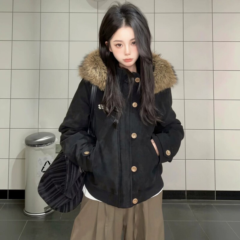 American-Style Retro Suede Faux Fur Hooded Cotton Jacket, New Winter Collection, Warm and Padded, Thickened Outerwear