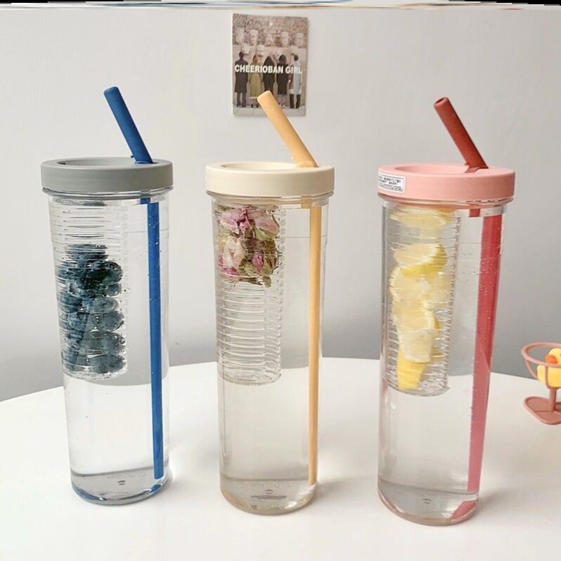 Black Tech Water Glass Creative Fruit Cup Plastic Tea Cup With Folding Straw Large Capacity With Tea Leak Cup