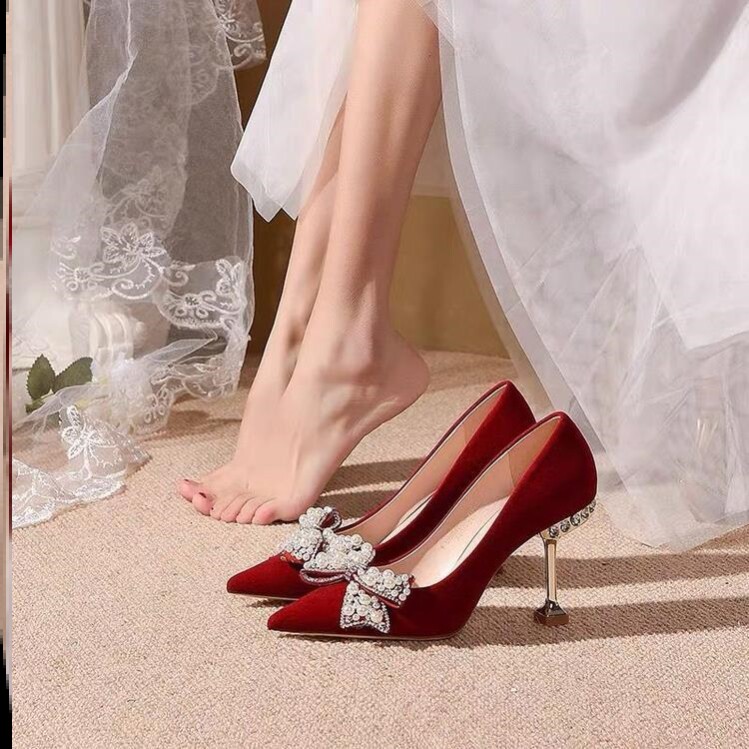 Wedding Shoes Bridal Shoes Female Midstyle Show and wedding dress Two wears Chinese red crystal High heel shoe New temperament