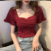 Fan-style small crowdblouse micro-fat large code Belly Pure Desire to be thin and short Pale Color Temperament Thin salt Department