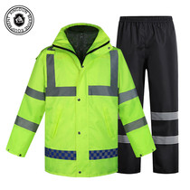 Traffic duty Fluorescent green thickened reflective warning split raincoat Cold plus cotton suit Waterproof and breathable