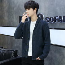 Mens cardiovert sweatshirt spring new external threading coat Korean version plus suede thickened sweater coat green fruit collar coat