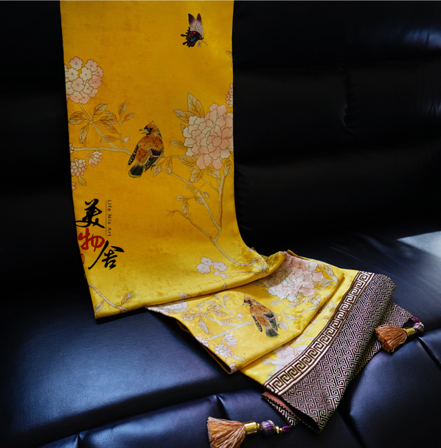 Beauty House Table Flag Chinese Style Zen Chinese Style China Wind Bed Flag Tea Table Flag Modern Upscale Yellow Flower Bird Tea Mat