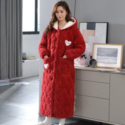 Women's winter long nightgown, autumn three-layer thickened coral velvet quilted pajamas with hood and velvet nightgown, high-end x