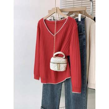 Autumn and winter loose slim fit v-neck pullover sweater new western style age-reducing bottoms knitted soft inner wear 1027k