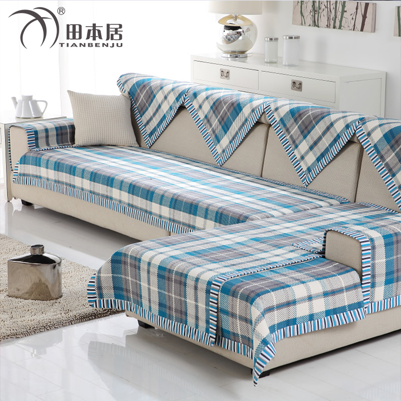 Spring Summer Season Blue Mediterranean Style Sub full cotton linen sofa cushion Four Seasons Fabric Linen Sofa Sleeve Lean-Taobao