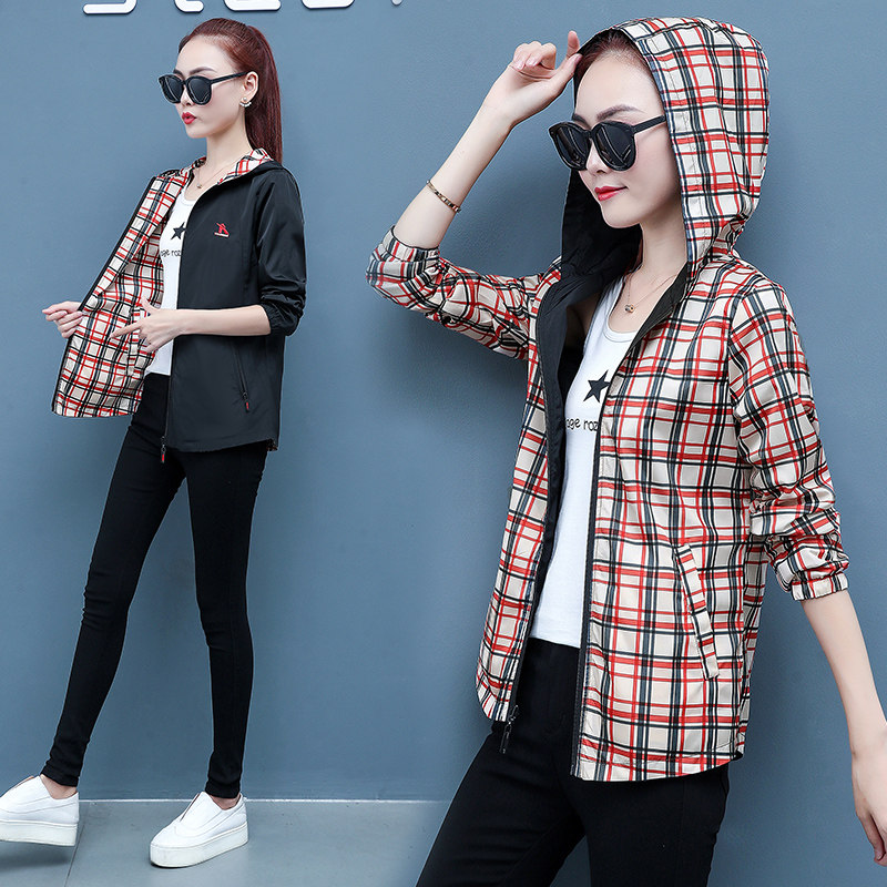 休闲夹克短外套女宽松2019春秋装新款韩版百搭两面穿格子连帽外套
