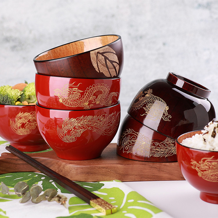 Red bowl wedding bowl retro solid wood household bowl dragon and phoenix combination wedding gift wooden bowl gift bowl wedding bowl
