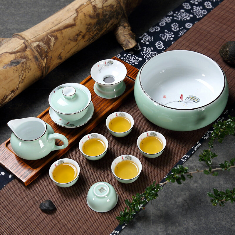 Painted Green Porcelain Kongfu Tea Furniture Set Group Home Ceramic Cover Bowl Tea Wash Brief Chinese Small Tea Cup Living Room Tea House