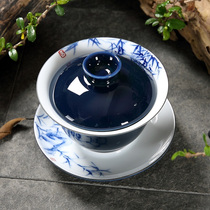 Hand-painted Ji blue glaze kung fu tea cover Bowl single ceramic large three tea bowl white porcelain master Cup Tea Cup