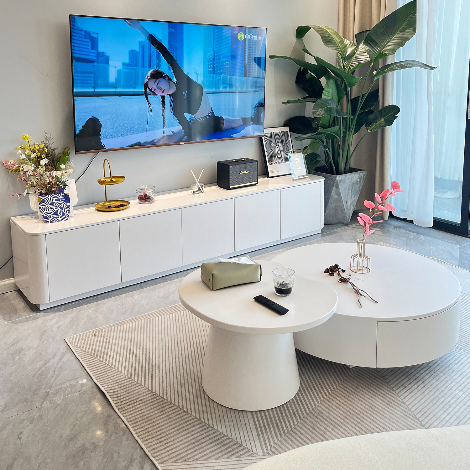 Light and luxurious with floor tea table TV cabinet Composition minimalist modern small family living room solid wood bedroom ground cabinet white-Taobao