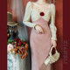 Alley French retro red dress autumn and winter Hepburn palace rose stitching temperament small engagement dress long skirt