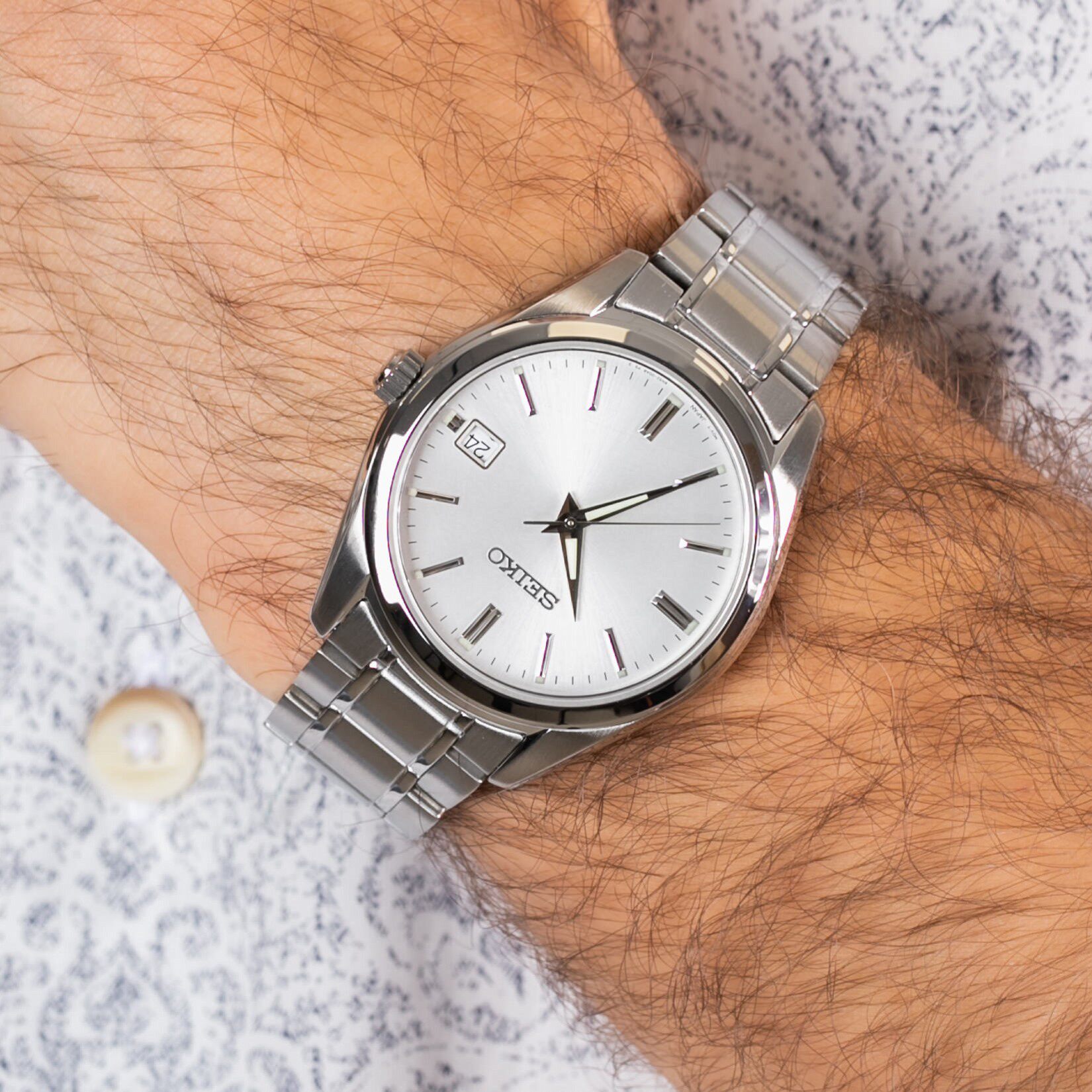 正品Seiko精工手錶男簡約藍寶石小GS鋼帶日曆防水石英男錶SUR309