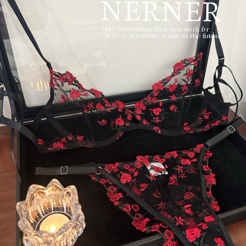 French Floral Embroidered Lace Mesh Sheer Bra Set, Sexy and Alluring, Red and Black Sweet Lingerie
