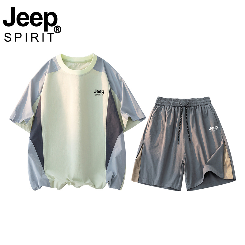 Jeep Short Suit for Men, Summer Men's Outdoor Sports Ice Silk Two-Piece Set, Lightweight Sports Short-Sleeved T-Shirt for Boys