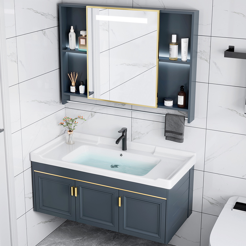 Space Aluminum Bath Room Cabinet Composition Ceramic Integrated Face Basin Wash Toiletries Makeup Room Hand Wash Washbasin Cabinet Modern Brief