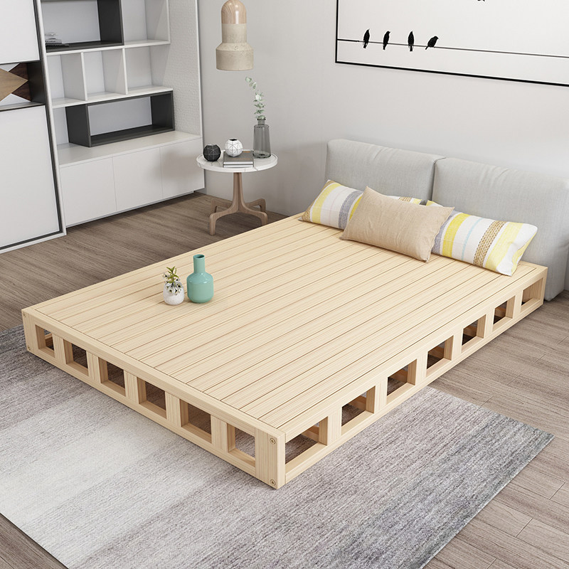 Solid wood bed Modern simple ribs frame Floor-to-ceiling bed Double Japanese low bed Floor bed bed and breakfast bed Tatami bed frame