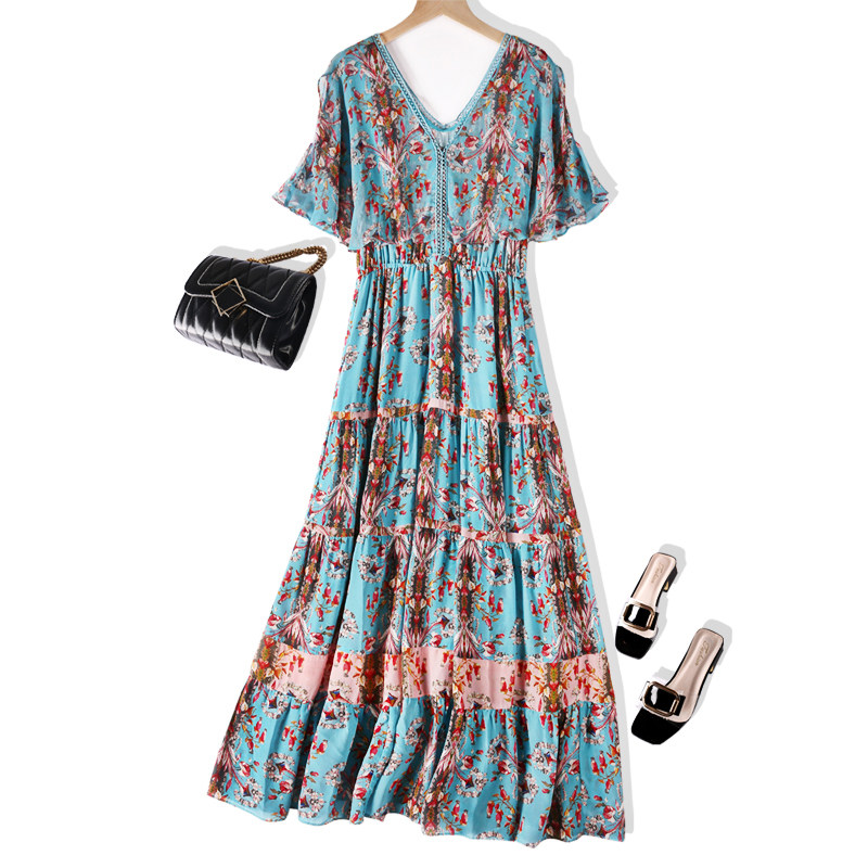 Floral chiffon dress women's summer careful machine thin 2020 new women's summer five-point sleeve flared sleeve skirt