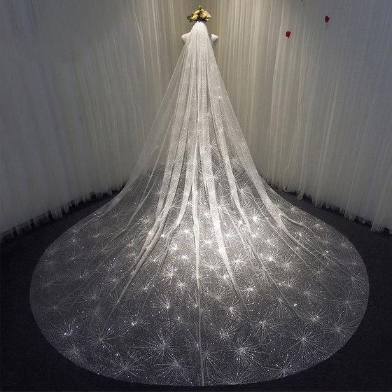 Super long trailing light veil advanced bride main wedding dress champagne color French wedding mopping the floor to cover the wedding headgear
