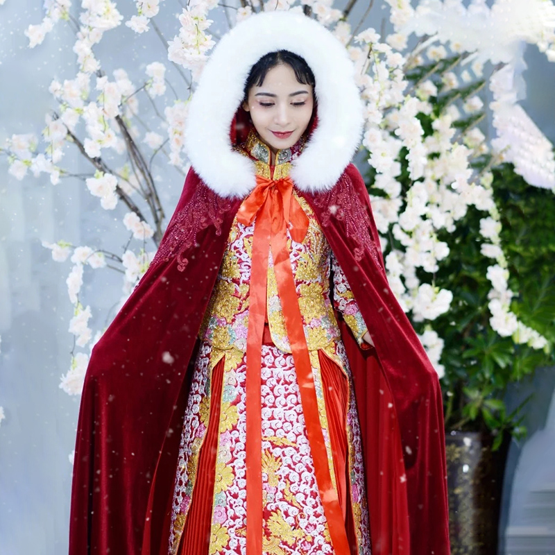Show and clothing The Beatles Autumn Winter Style Red Bridal Chinese Wedding Hanfu Ancient Wind Cape Warm Thickening Ancient Dress Jacket