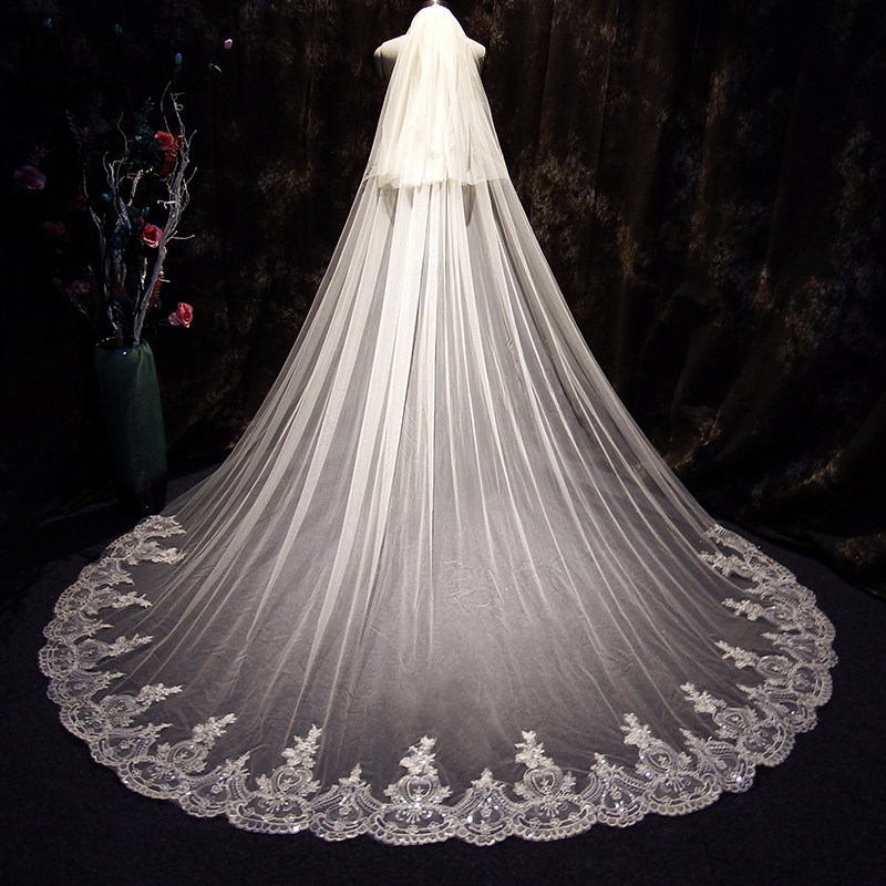 Bridal main wedding dress Long version of champagne lace bright sheet Wedding Wedding Accessories Photo Gallery Photo headwear Superfairy High