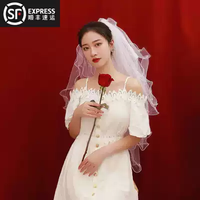 Retro bow multi-layer puffy veil female Korean bride photo short version wedding dress accessories headdress super fairy forest series