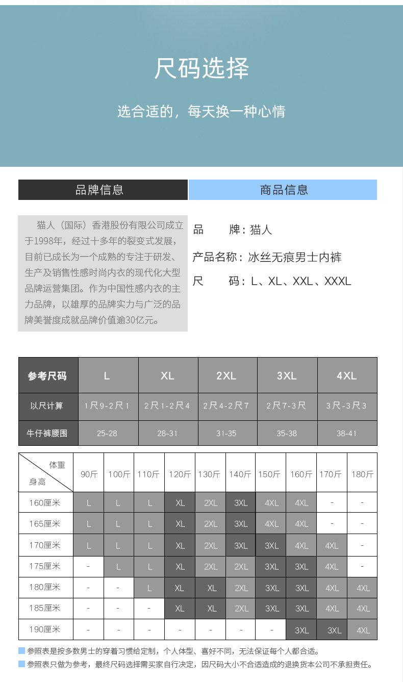 猫人 男士 冰丝抗菌 无痕四角裤 3条 含5XL超大码 图4